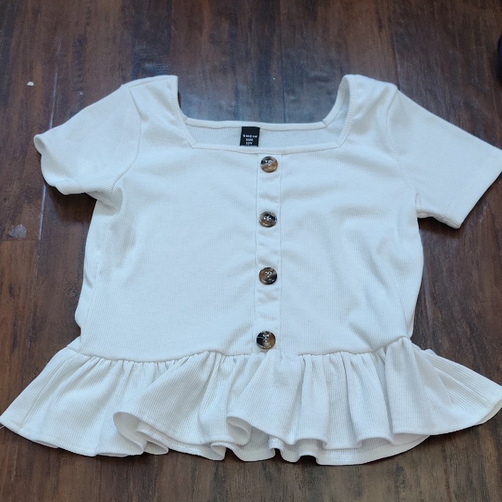 H&M Cream Kids Button Down Shirt with Ruffle Hem
